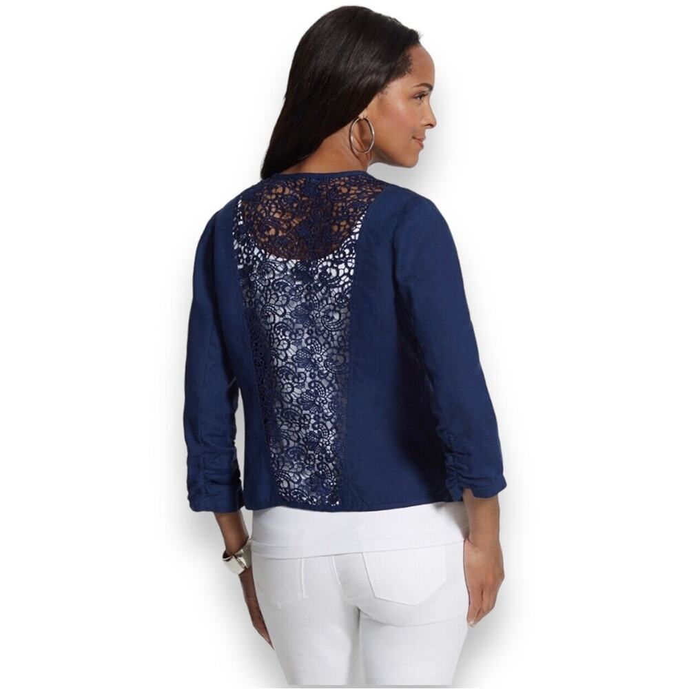 Chico’s Linen Open Front Lace Back Jacket Blue Small